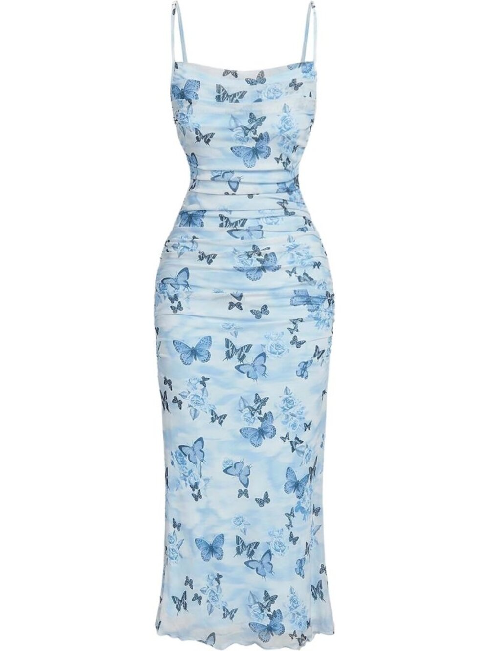 Women's Blue Polyester Elastane Butterfly Print Ruched Backless Cami Maxi Dress
